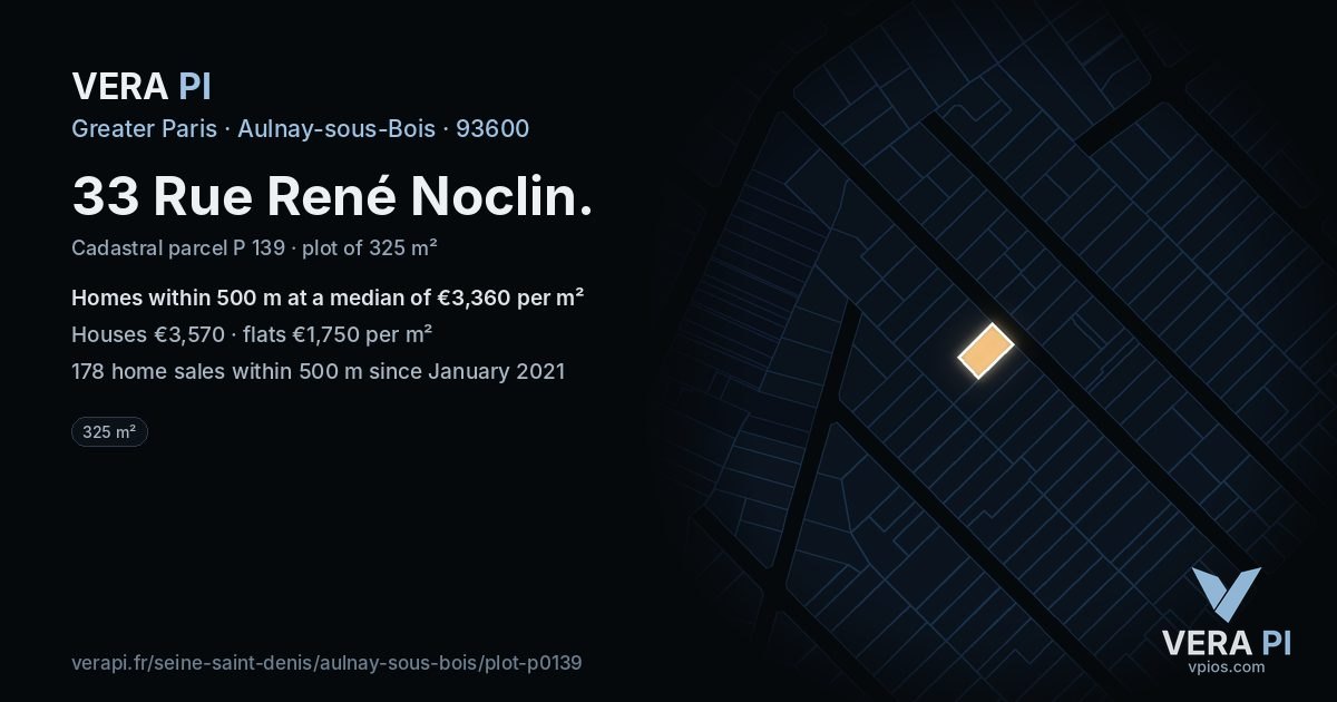33 Rue René Noclin, Aulnay-sous-Bois at night – the plot lit, the parcels around coloured by the prices near them