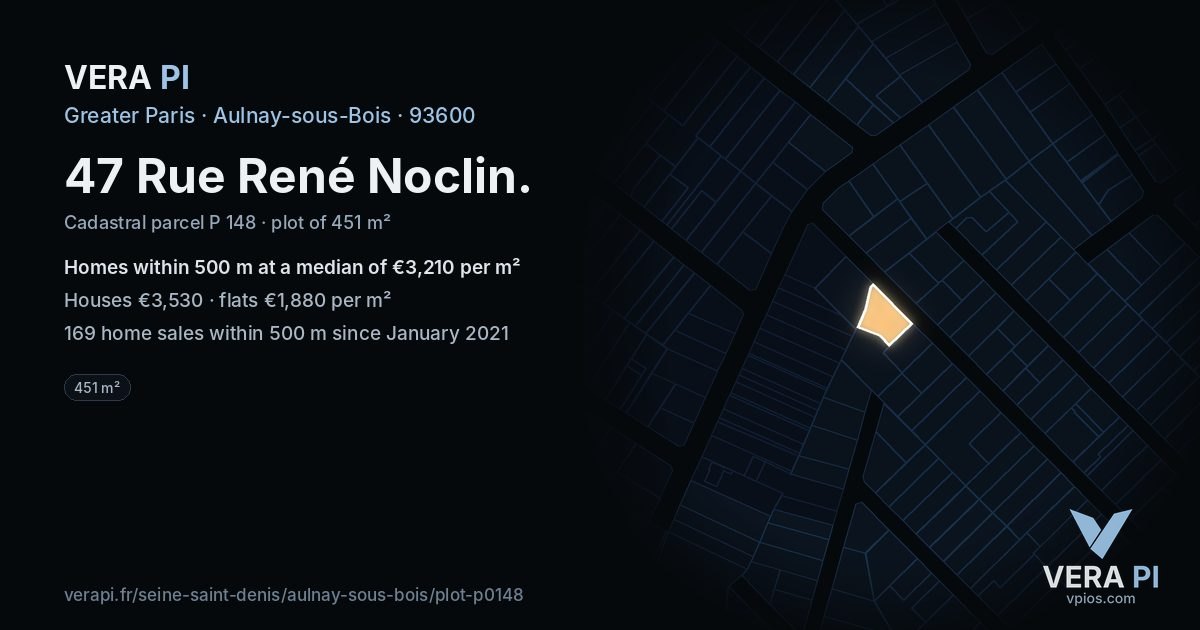 47 Rue René Noclin, Aulnay-sous-Bois at night – the plot lit, the parcels around coloured by the prices near them