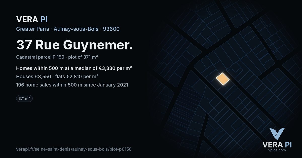 37 Rue Guynemer, Aulnay-sous-Bois at night – the plot lit, the parcels around coloured by the prices near them