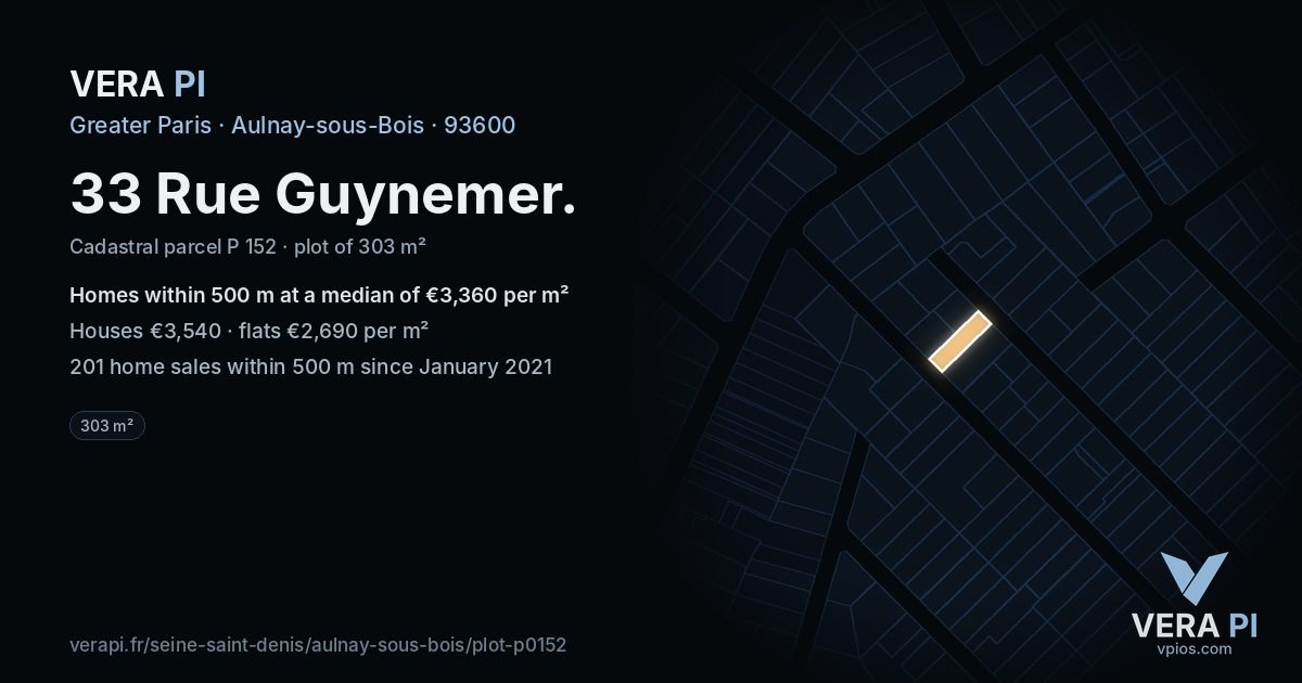 33 Rue Guynemer, Aulnay-sous-Bois at night – the plot lit, the parcels around coloured by the prices near them