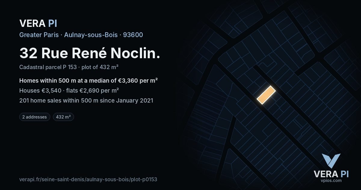 32 Rue René Noclin, Aulnay-sous-Bois at night – the plot lit, the parcels around coloured by the prices near them