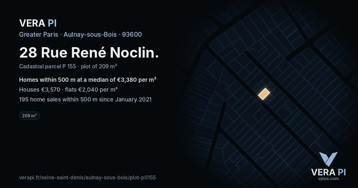 28 Rue René Noclin, Aulnay-sous-Bois at night – the plot lit, the parcels around coloured by the prices near them