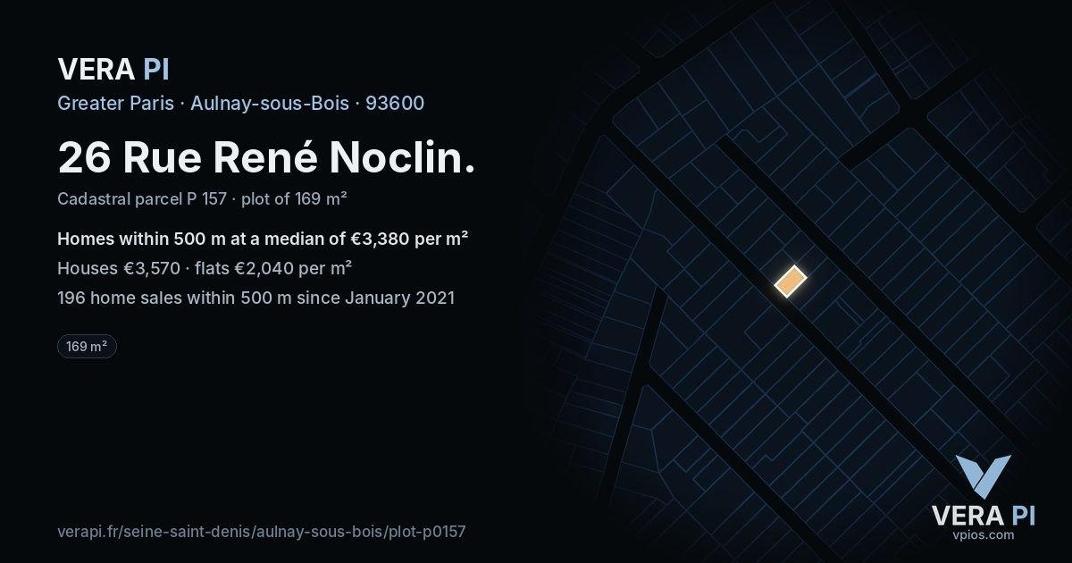 26 Rue René Noclin, Aulnay-sous-Bois at night – the plot lit, the parcels around coloured by the prices near them