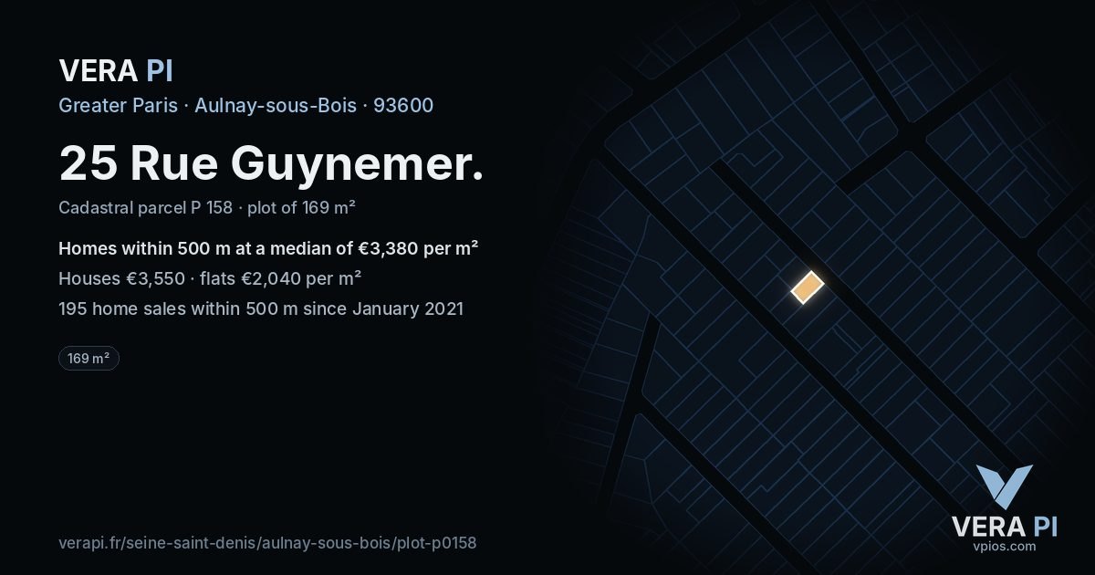 25 Rue Guynemer, Aulnay-sous-Bois at night – the plot lit, the parcels around coloured by the prices near them