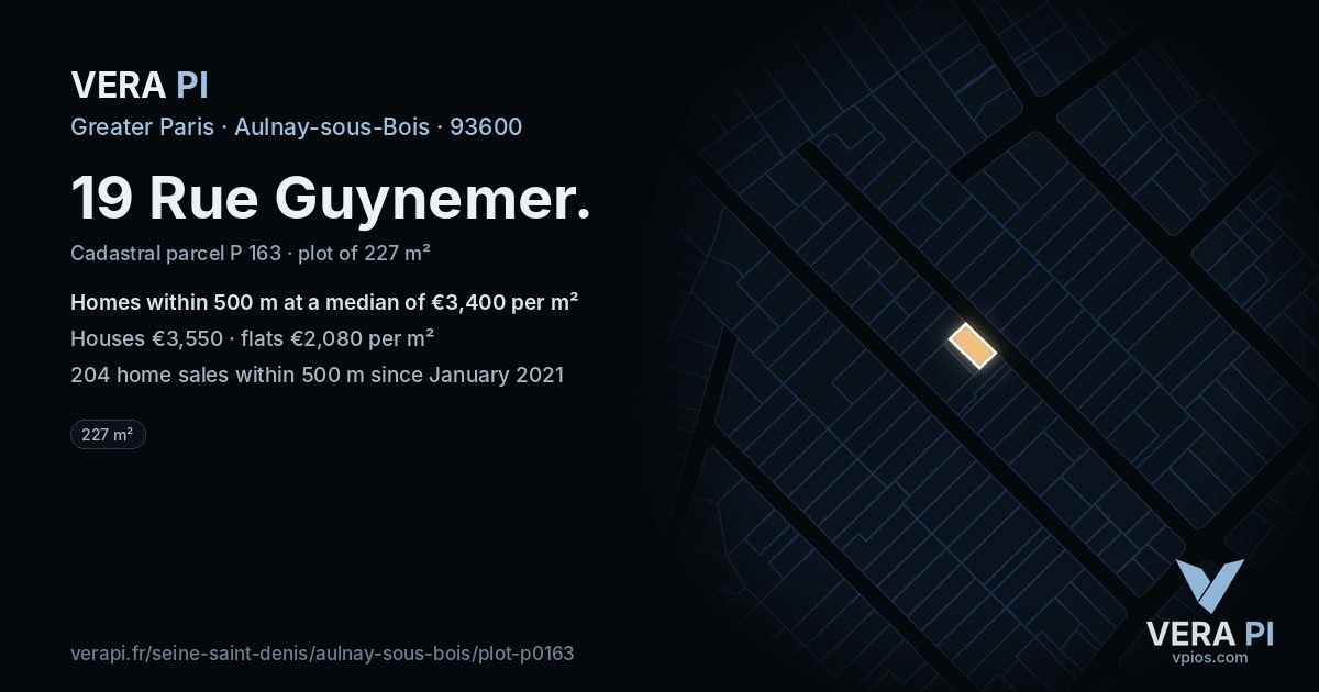 19 Rue Guynemer, Aulnay-sous-Bois at night – the plot lit, the parcels around coloured by the prices near them