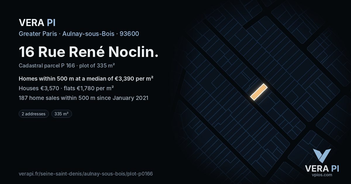 16 Rue René Noclin, Aulnay-sous-Bois at night – the plot lit, the parcels around coloured by the prices near them