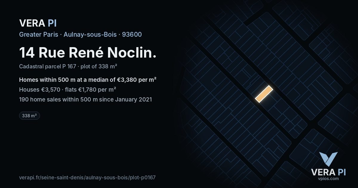 14 Rue René Noclin, Aulnay-sous-Bois at night – the plot lit, the parcels around coloured by the prices near them