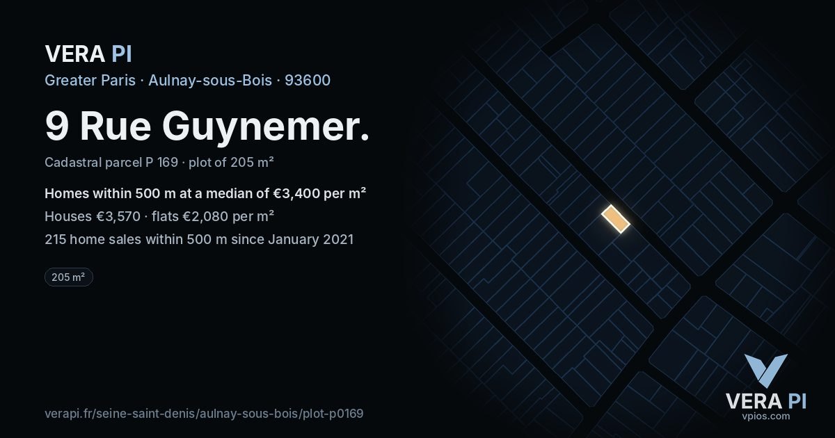 9 Rue Guynemer, Aulnay-sous-Bois at night – the plot lit, the parcels around coloured by the prices near them