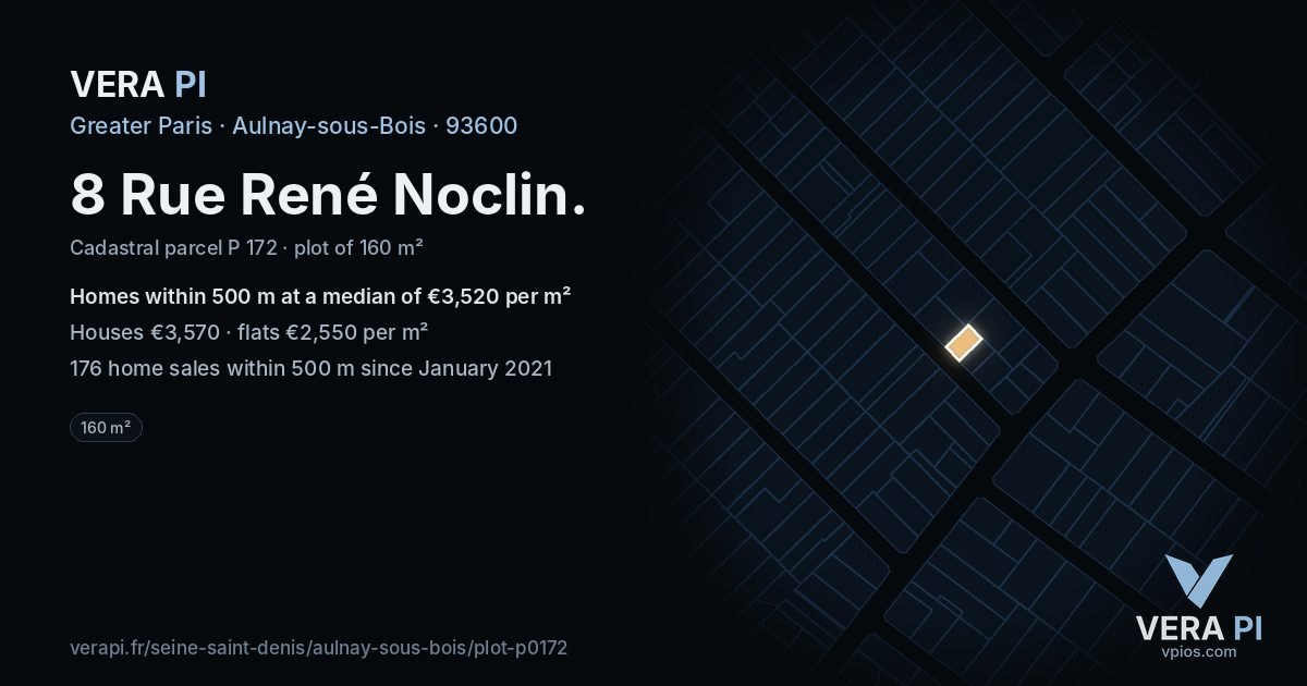 8 Rue René Noclin, Aulnay-sous-Bois at night – the plot lit, the parcels around coloured by the prices near them