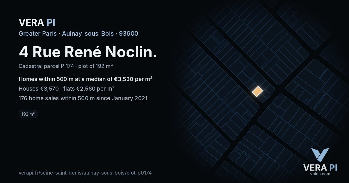 4 Rue René Noclin, Aulnay-sous-Bois at night – the plot lit, the parcels around coloured by the prices near them
