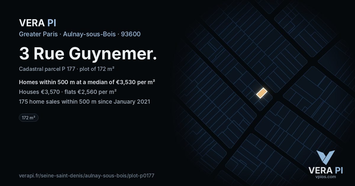 3 Rue Guynemer, Aulnay-sous-Bois at night – the plot lit, the parcels around coloured by the prices near them