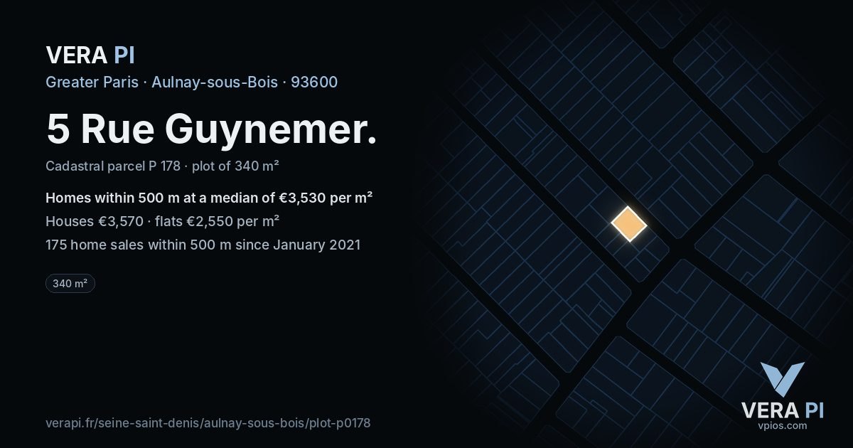 5 Rue Guynemer, Aulnay-sous-Bois at night – the plot lit, the parcels around coloured by the prices near them