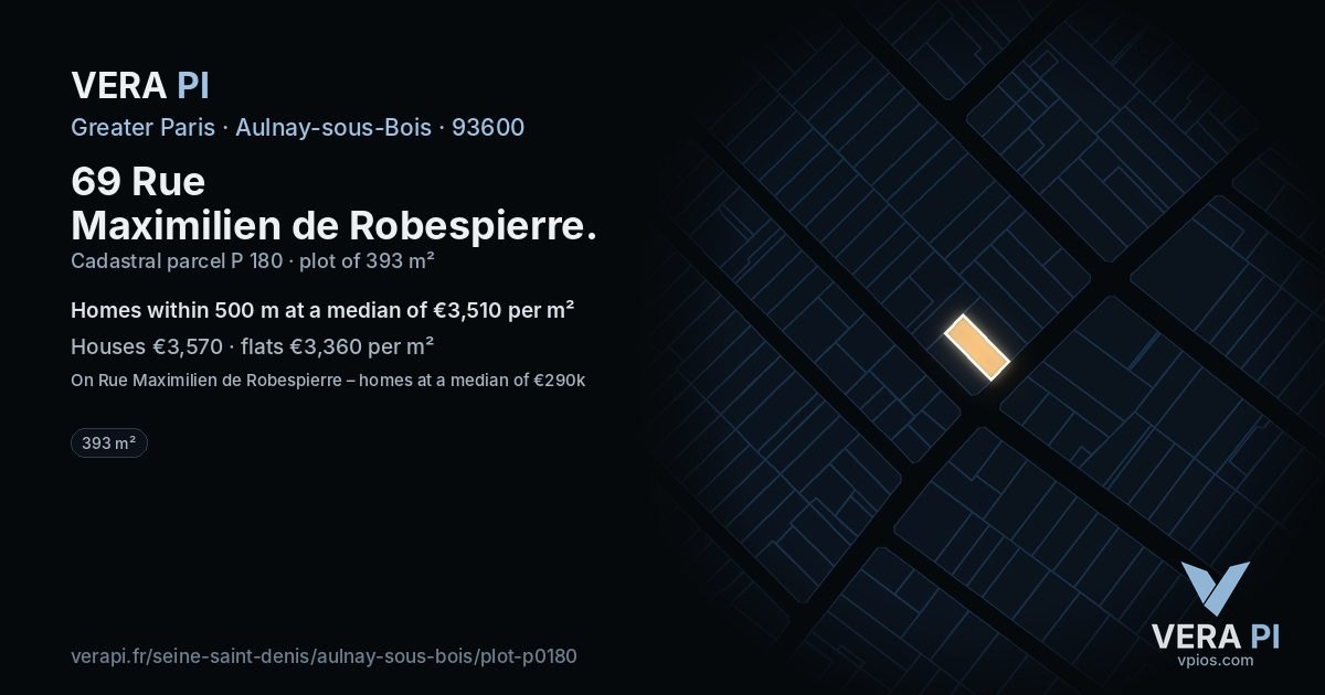 69 Rue Maximilien de Robespierre, Aulnay-sous-Bois at night – the plot lit, the parcels around coloured by the prices near them