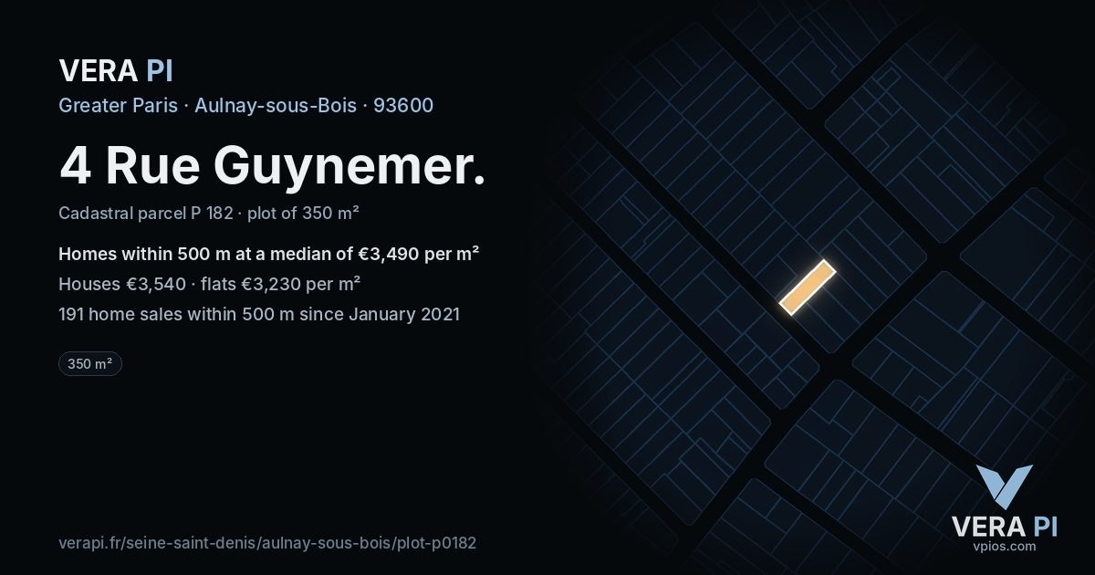 4 Rue Guynemer, Aulnay-sous-Bois at night – the plot lit, the parcels around coloured by the prices near them