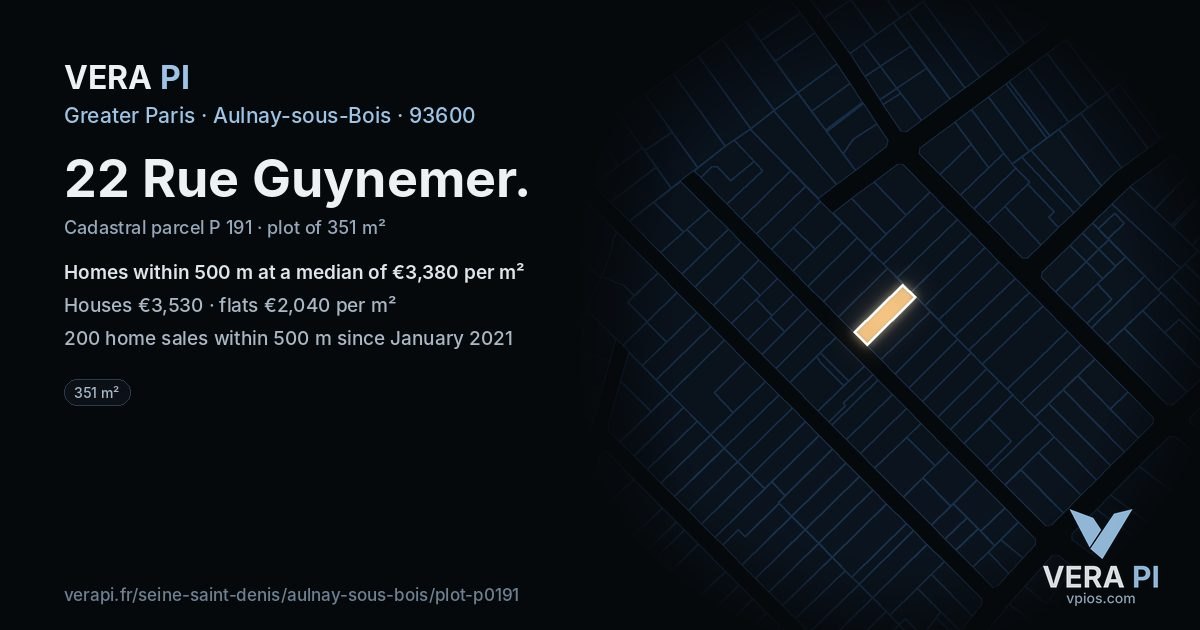 22 Rue Guynemer, Aulnay-sous-Bois at night – the plot lit, the parcels around coloured by the prices near them