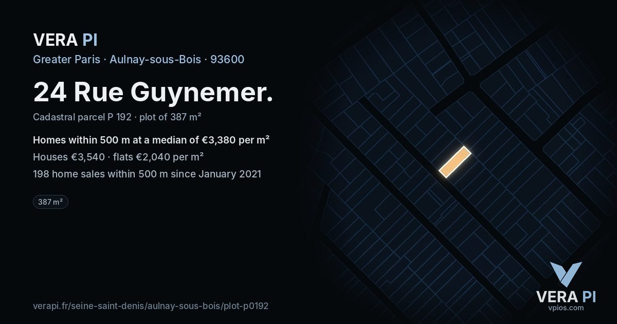 24 Rue Guynemer, Aulnay-sous-Bois at night – the plot lit, the parcels around coloured by the prices near them