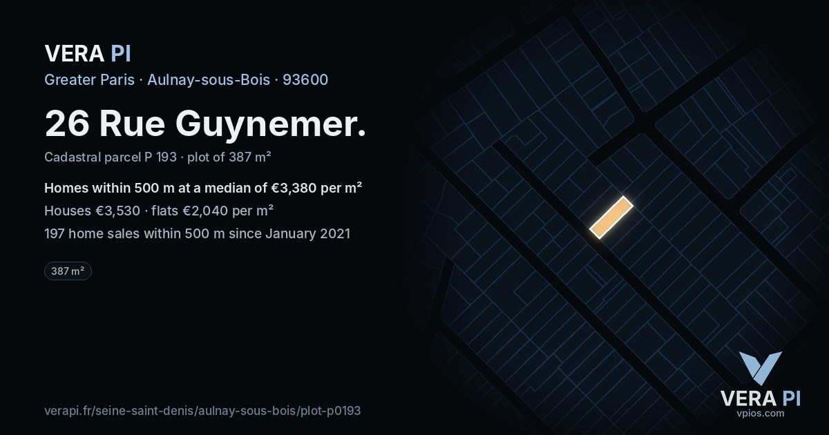 26 Rue Guynemer, Aulnay-sous-Bois at night – the plot lit, the parcels around coloured by the prices near them