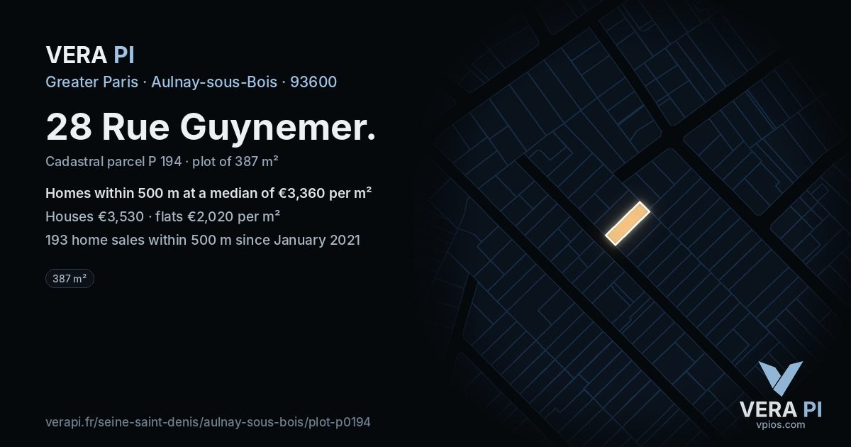 28 Rue Guynemer, Aulnay-sous-Bois at night – the plot lit, the parcels around coloured by the prices near them