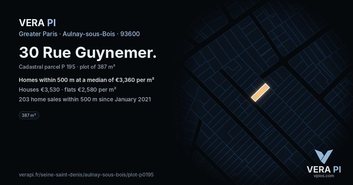30 Rue Guynemer, Aulnay-sous-Bois at night – the plot lit, the parcels around coloured by the prices near them