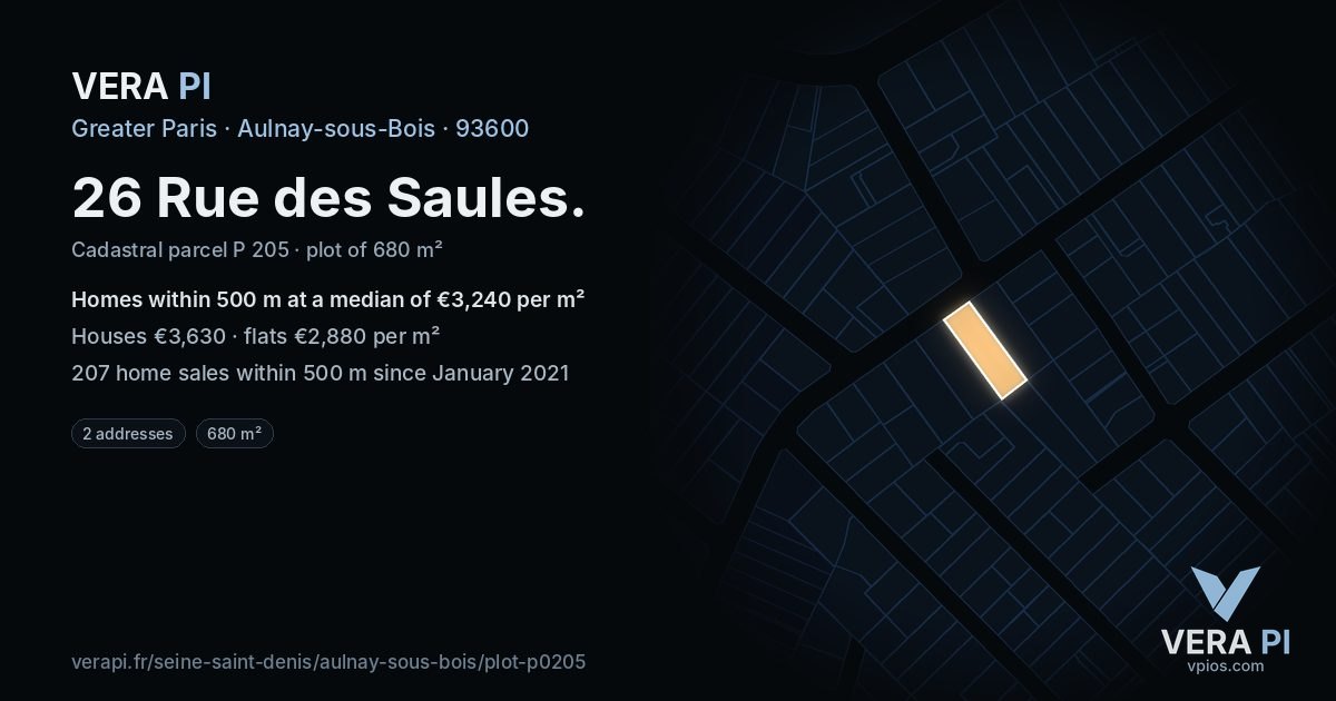 26 Rue des Saules, Aulnay-sous-Bois at night – the plot lit, the parcels around coloured by the prices near them