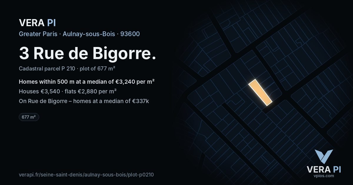 3 Rue de Bigorre, Aulnay-sous-Bois at night – the plot lit, the parcels around coloured by the prices near them