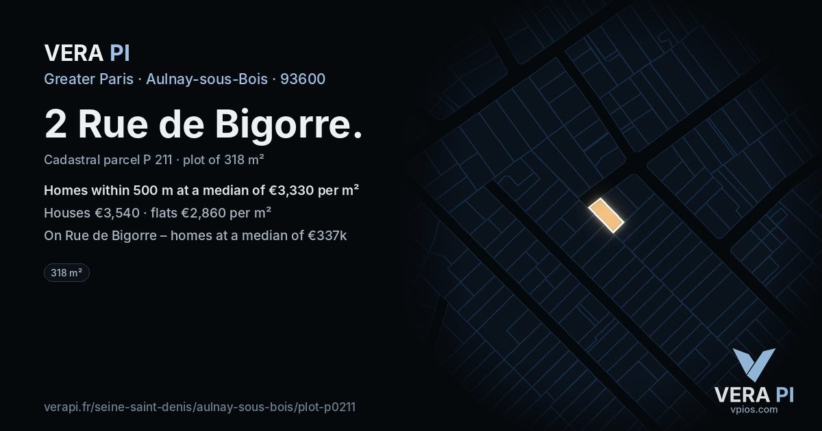 2 Rue de Bigorre, Aulnay-sous-Bois at night – the plot lit, the parcels around coloured by the prices near them
