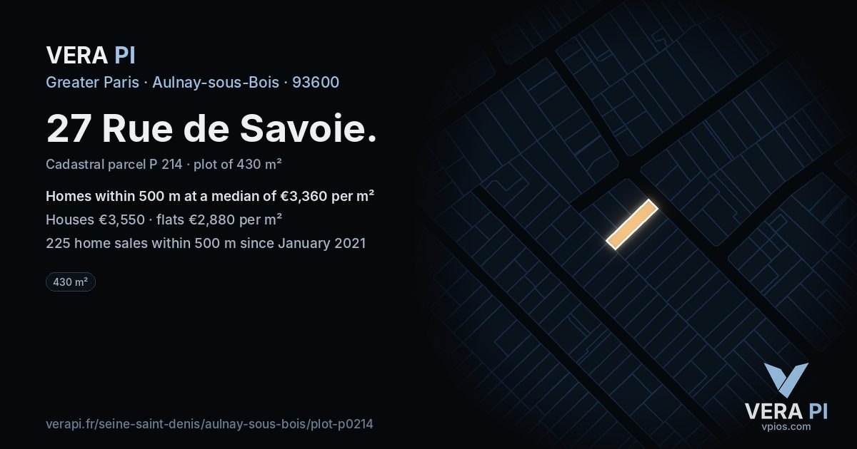 27 Rue de Savoie, Aulnay-sous-Bois at night – the plot lit, the parcels around coloured by the prices near them