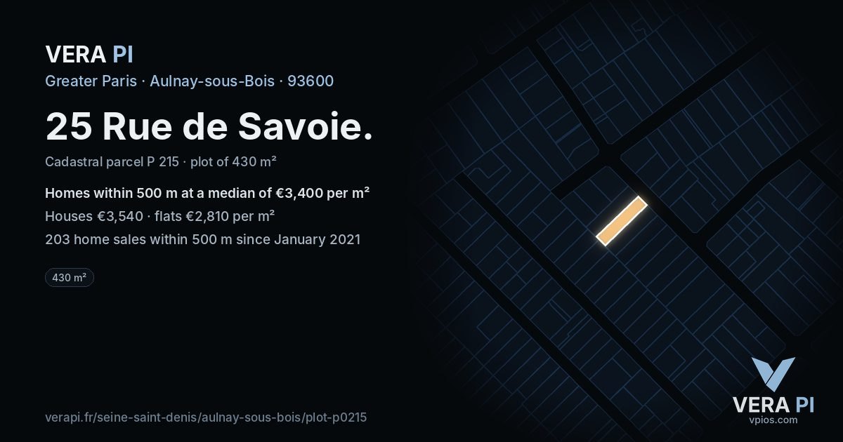 25 Rue de Savoie, Aulnay-sous-Bois at night – the plot lit, the parcels around coloured by the prices near them