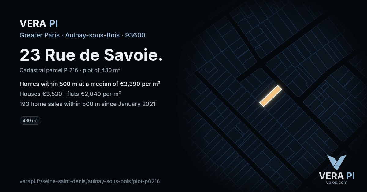 23 Rue de Savoie, Aulnay-sous-Bois at night – the plot lit, the parcels around coloured by the prices near them
