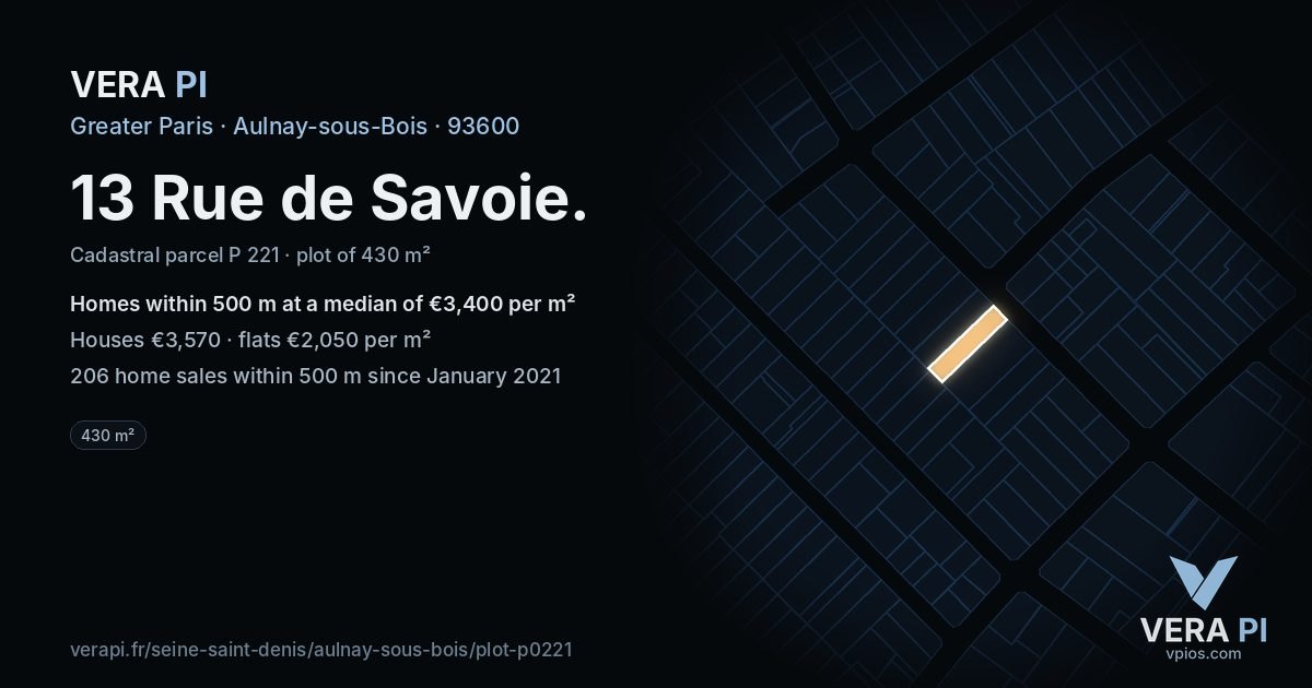13 Rue de Savoie, Aulnay-sous-Bois at night – the plot lit, the parcels around coloured by the prices near them