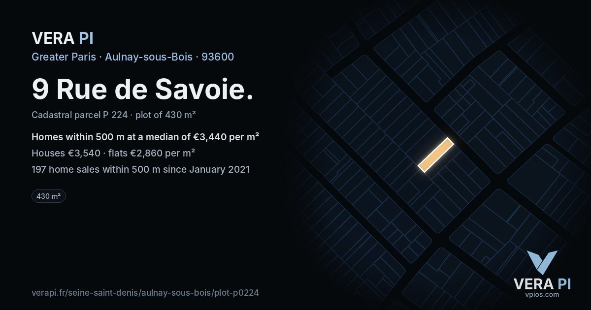 9 Rue de Savoie, Aulnay-sous-Bois at night – the plot lit, the parcels around coloured by the prices near them