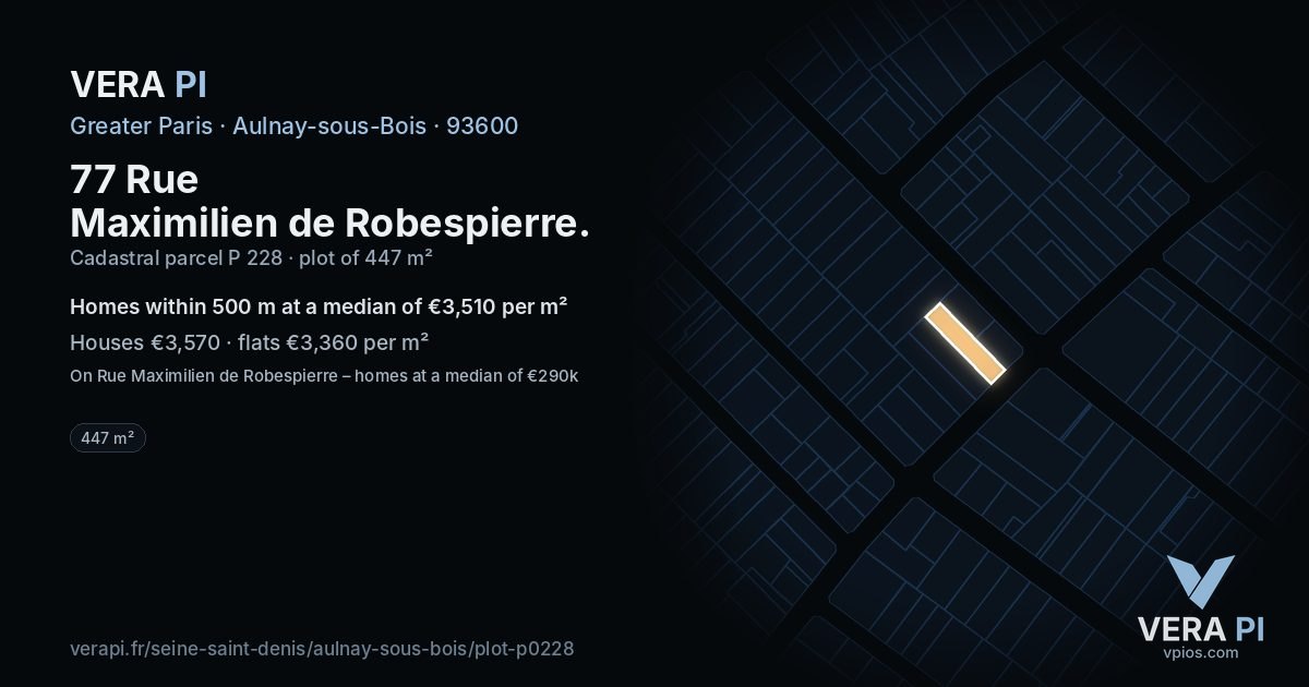 77 Rue Maximilien de Robespierre, Aulnay-sous-Bois at night – the plot lit, the parcels around coloured by the prices near them