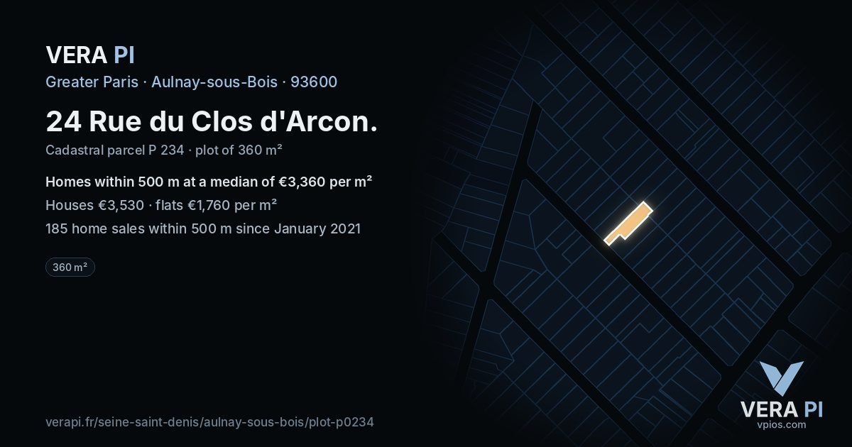 24 Rue du Clos d'Arcon, Aulnay-sous-Bois at night – the plot lit, the parcels around coloured by the prices near them
