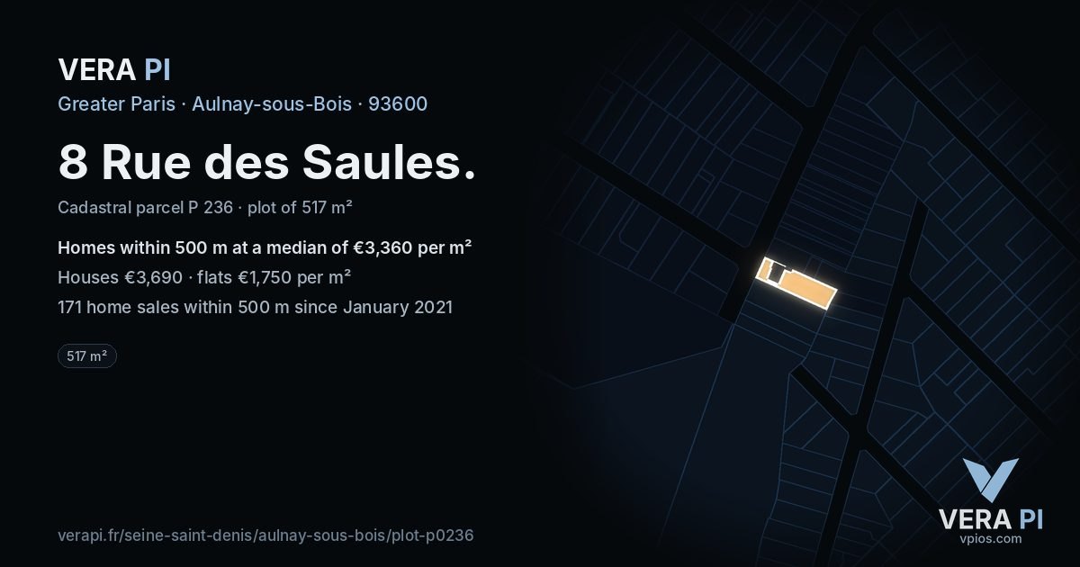 8 Rue des Saules, Aulnay-sous-Bois at night – the plot lit, the parcels around coloured by the prices near them