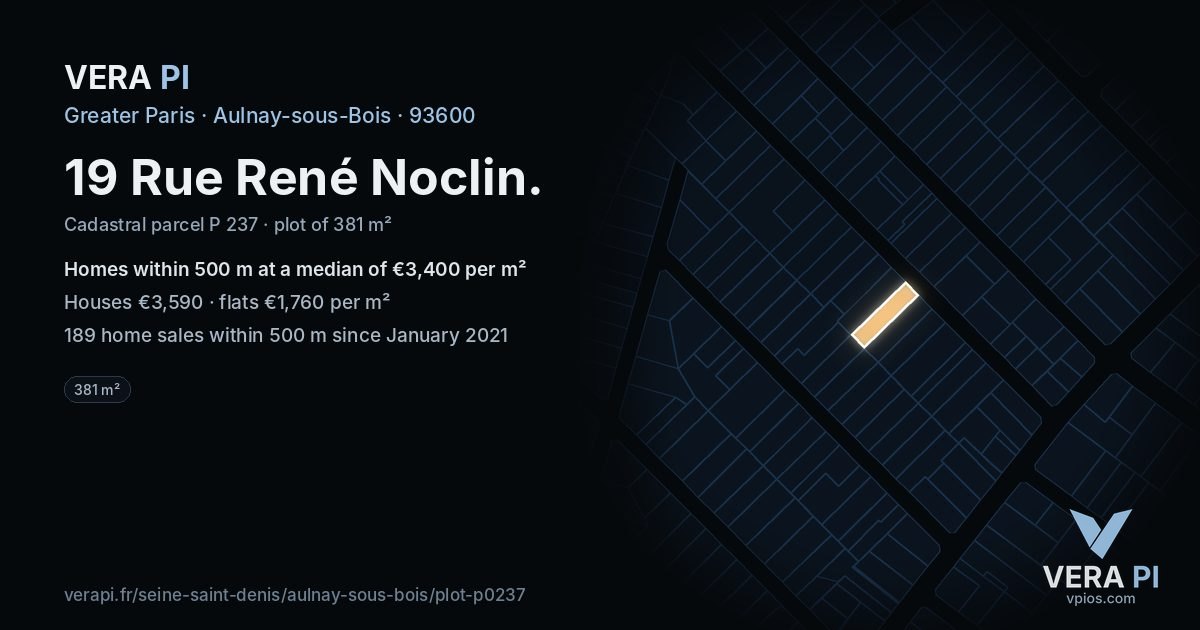 19 Rue René Noclin, Aulnay-sous-Bois at night – the plot lit, the parcels around coloured by the prices near them