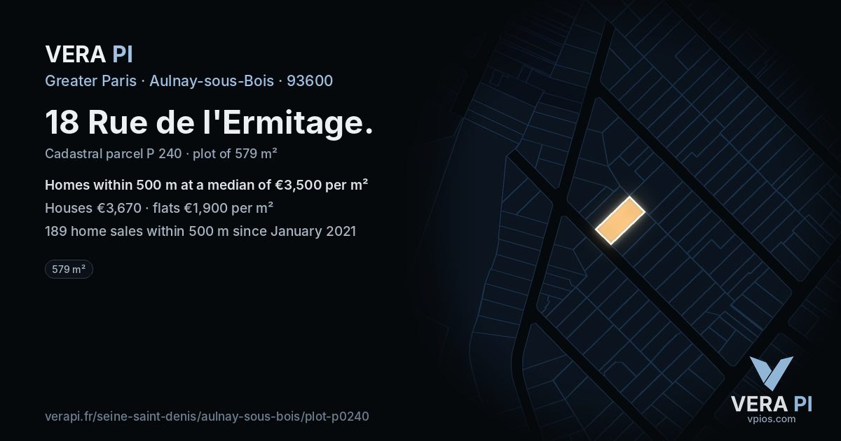 18 Rue de l'Ermitage, Aulnay-sous-Bois at night – the plot lit, the parcels around coloured by the prices near them