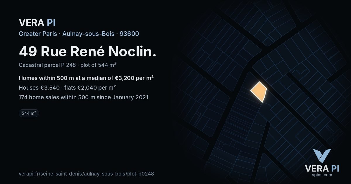 49 Rue René Noclin, Aulnay-sous-Bois at night – the plot lit, the parcels around coloured by the prices near them