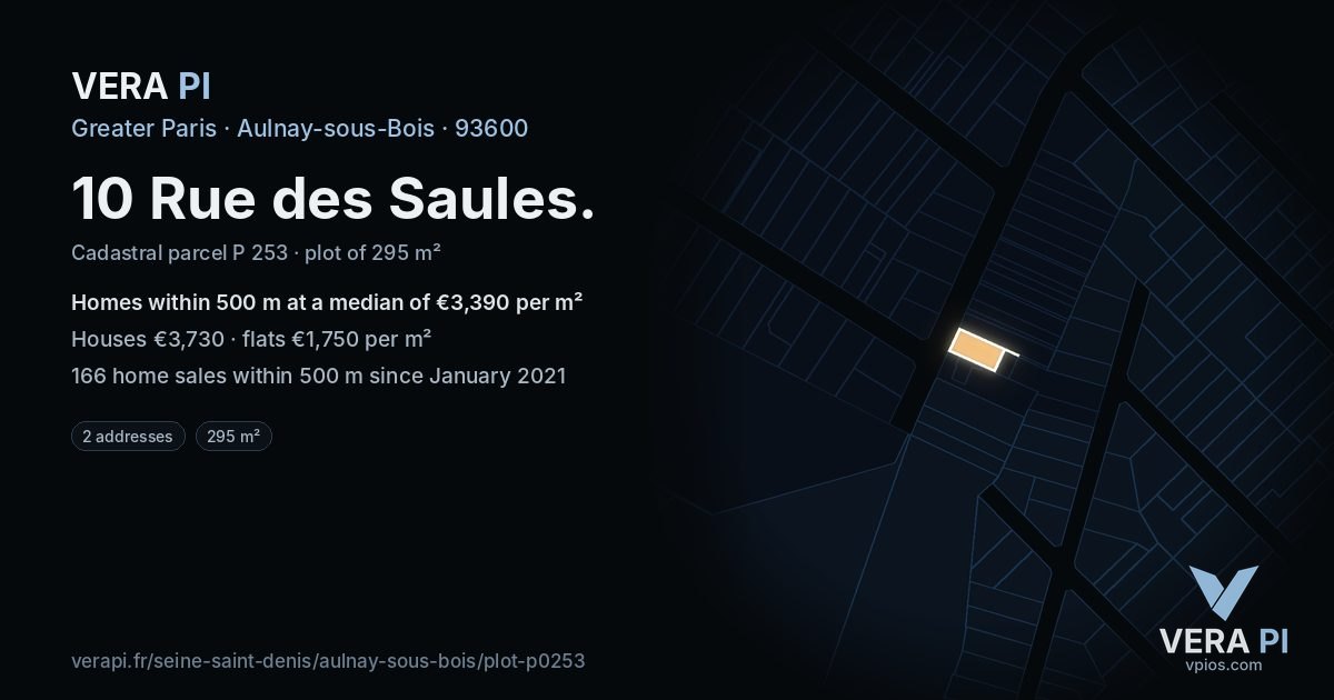 10 Rue des Saules, Aulnay-sous-Bois at night – the plot lit, the parcels around coloured by the prices near them