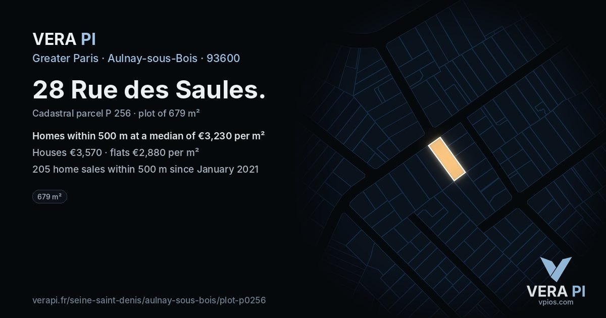 28 Rue des Saules, Aulnay-sous-Bois at night – the plot lit, the parcels around coloured by the prices near them