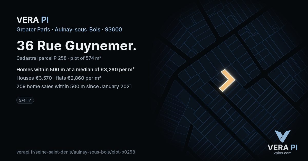 36 Rue Guynemer, Aulnay-sous-Bois at night – the plot lit, the parcels around coloured by the prices near them