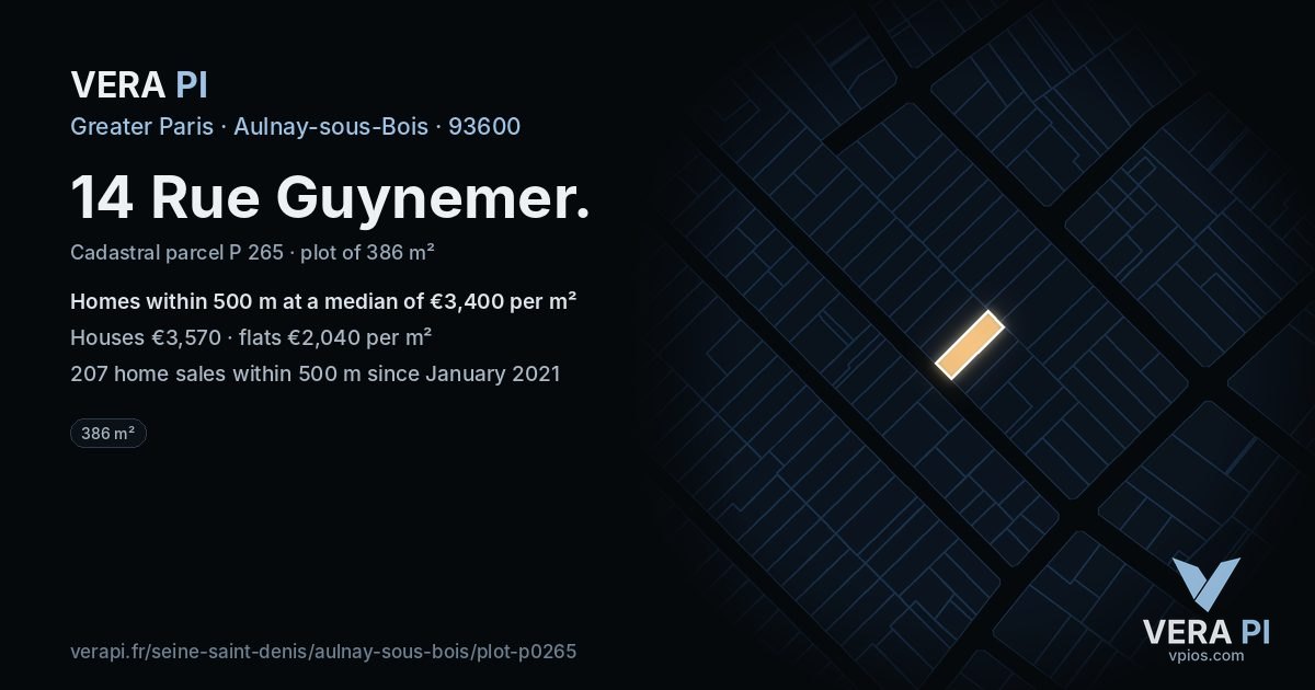 14 Rue Guynemer, Aulnay-sous-Bois at night – the plot lit, the parcels around coloured by the prices near them