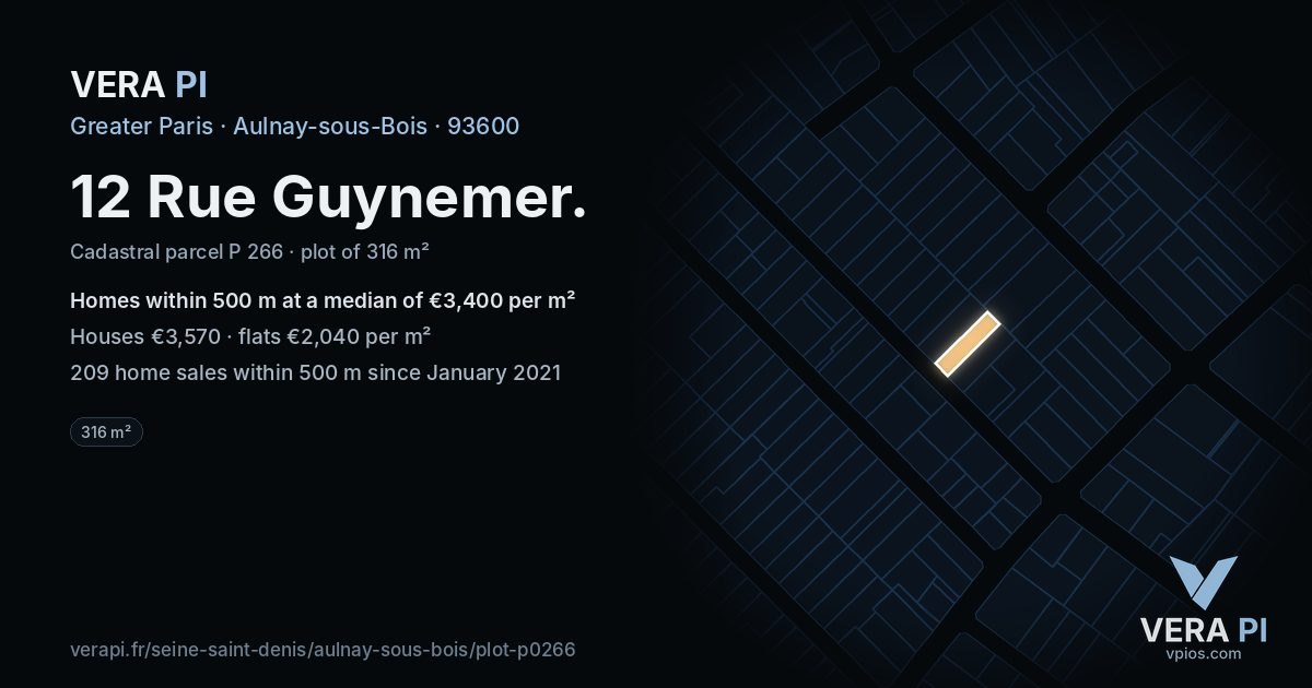 12 Rue Guynemer, Aulnay-sous-Bois at night – the plot lit, the parcels around coloured by the prices near them