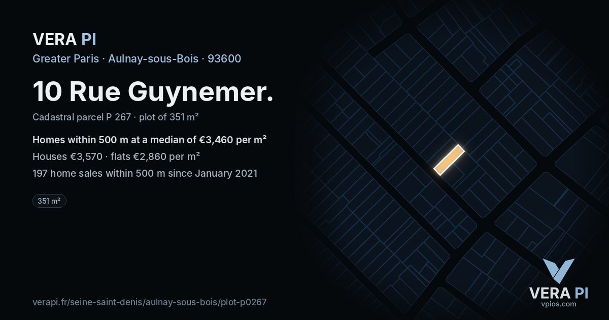 10 Rue Guynemer, Aulnay-sous-Bois at night – the plot lit, the parcels around coloured by the prices near them