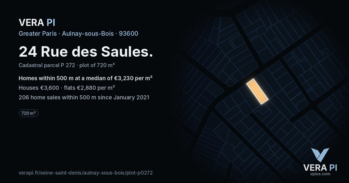 24 Rue des Saules, Aulnay-sous-Bois at night – the plot lit, the parcels around coloured by the prices near them