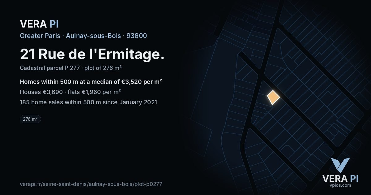 21 Rue de l'Ermitage, Aulnay-sous-Bois at night – the plot lit, the parcels around coloured by the prices near them
