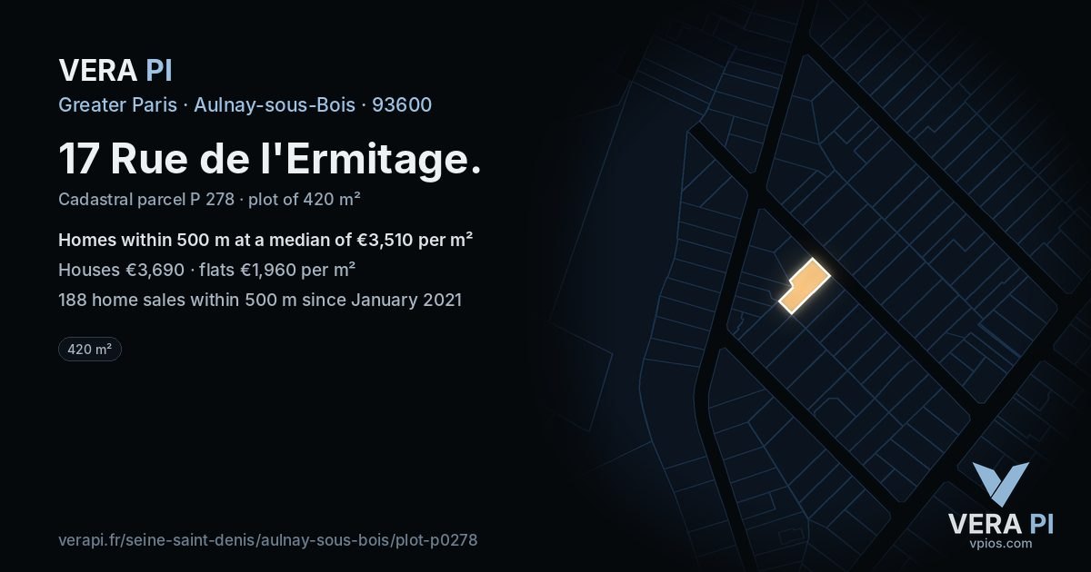 17 Rue de l'Ermitage, Aulnay-sous-Bois at night – the plot lit, the parcels around coloured by the prices near them