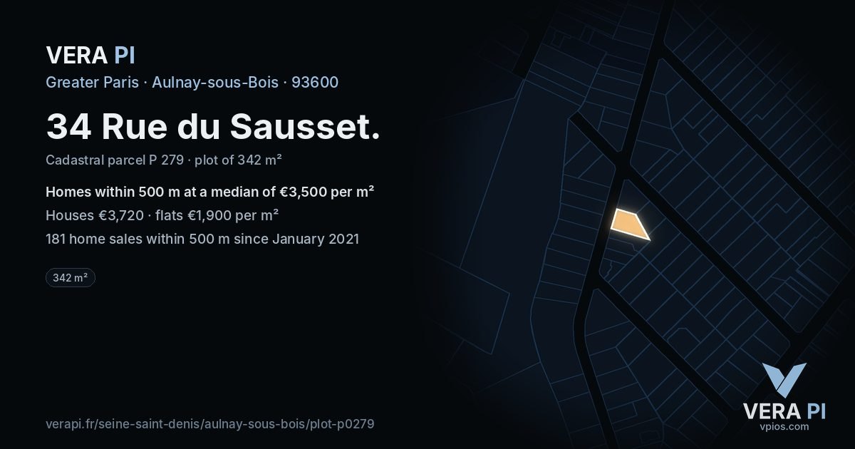 34 Rue du Sausset, Aulnay-sous-Bois at night – the plot lit, the parcels around coloured by the prices near them