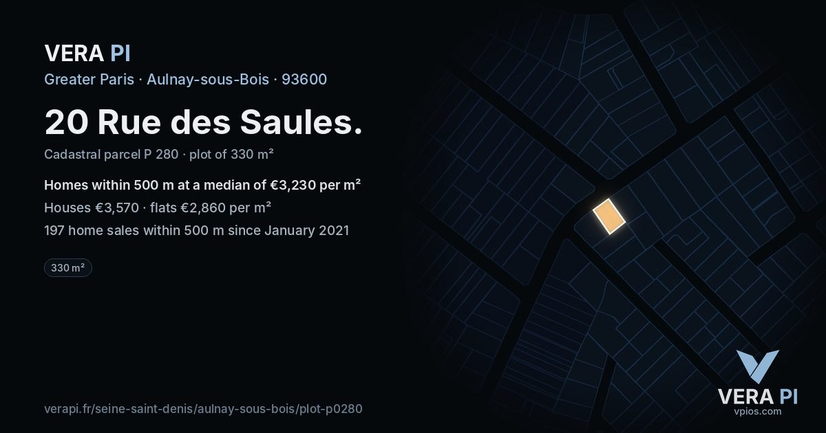 20 Rue des Saules, Aulnay-sous-Bois at night – the plot lit, the parcels around coloured by the prices near them