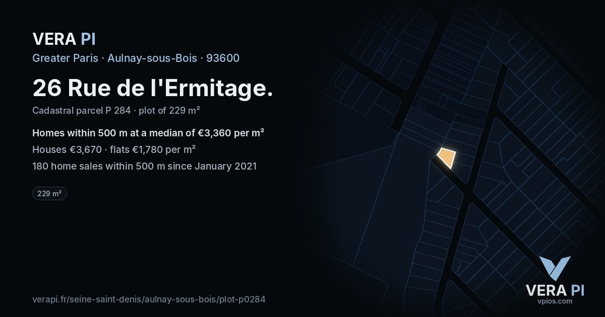 26 Rue de l'Ermitage, Aulnay-sous-Bois at night – the plot lit, the parcels around coloured by the prices near them