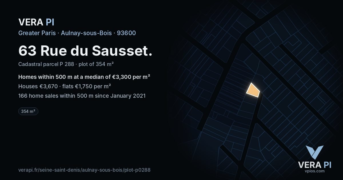 63 Rue du Sausset, Aulnay-sous-Bois at night – the plot lit, the parcels around coloured by the prices near them